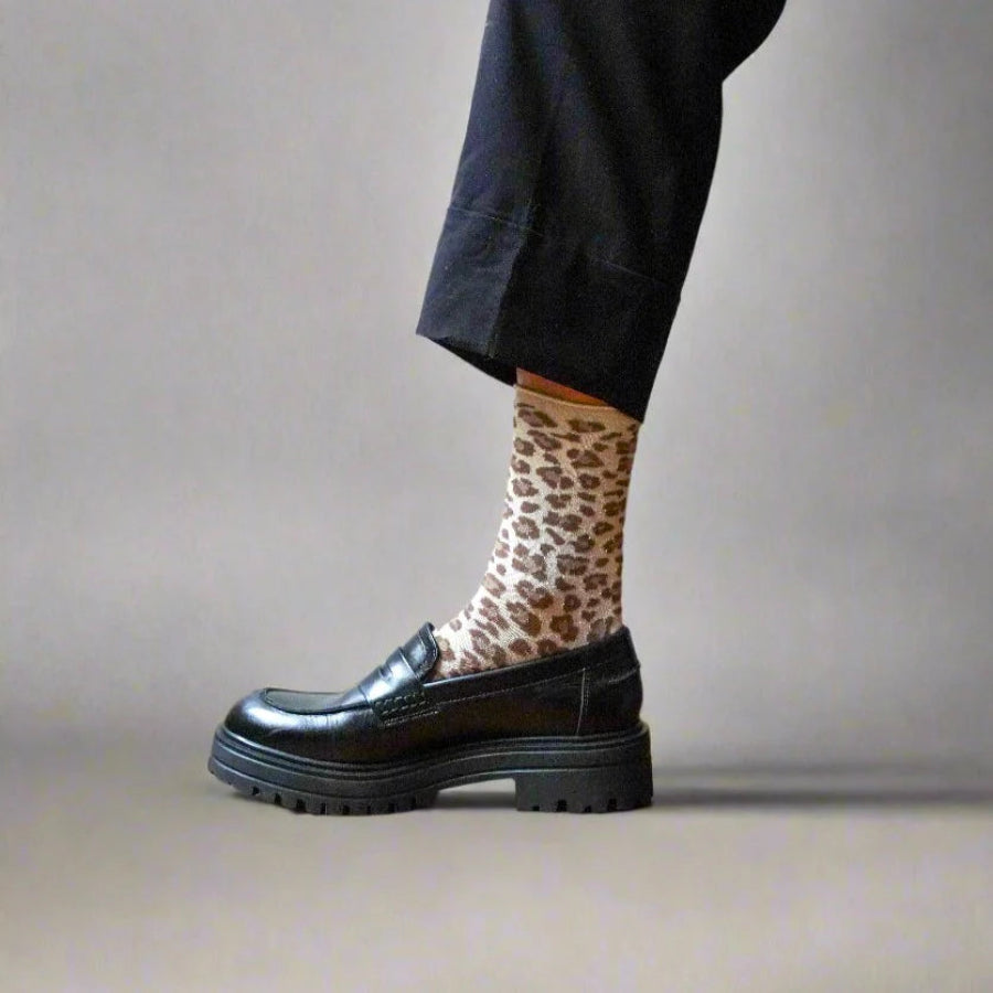 chaussettes à paillettes léopard beige
