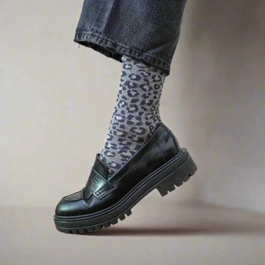 chaussettes à paillettes léopard gris