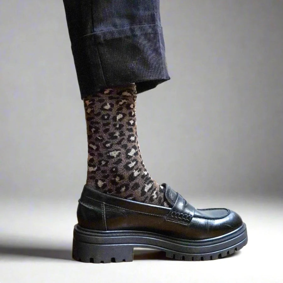 chaussettes à paillettes léopard marron