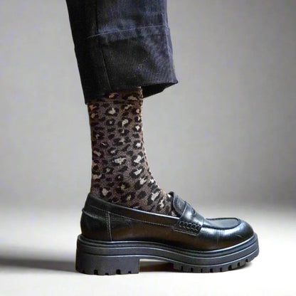 chaussettes à paillettes léopard marron