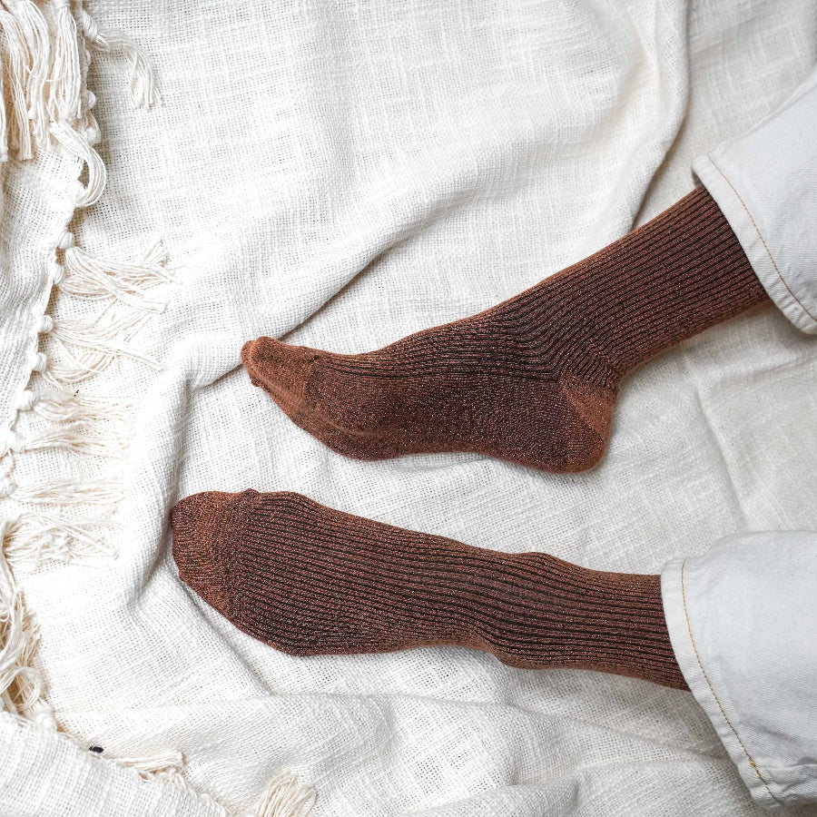 chaussettes pailletées marron camel