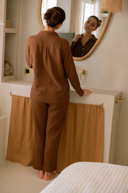 Chemise de pyjama en double gaze de coton chocolat de dos