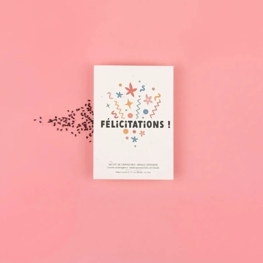 Sachet de graine de basilic avec message "Félicitations"